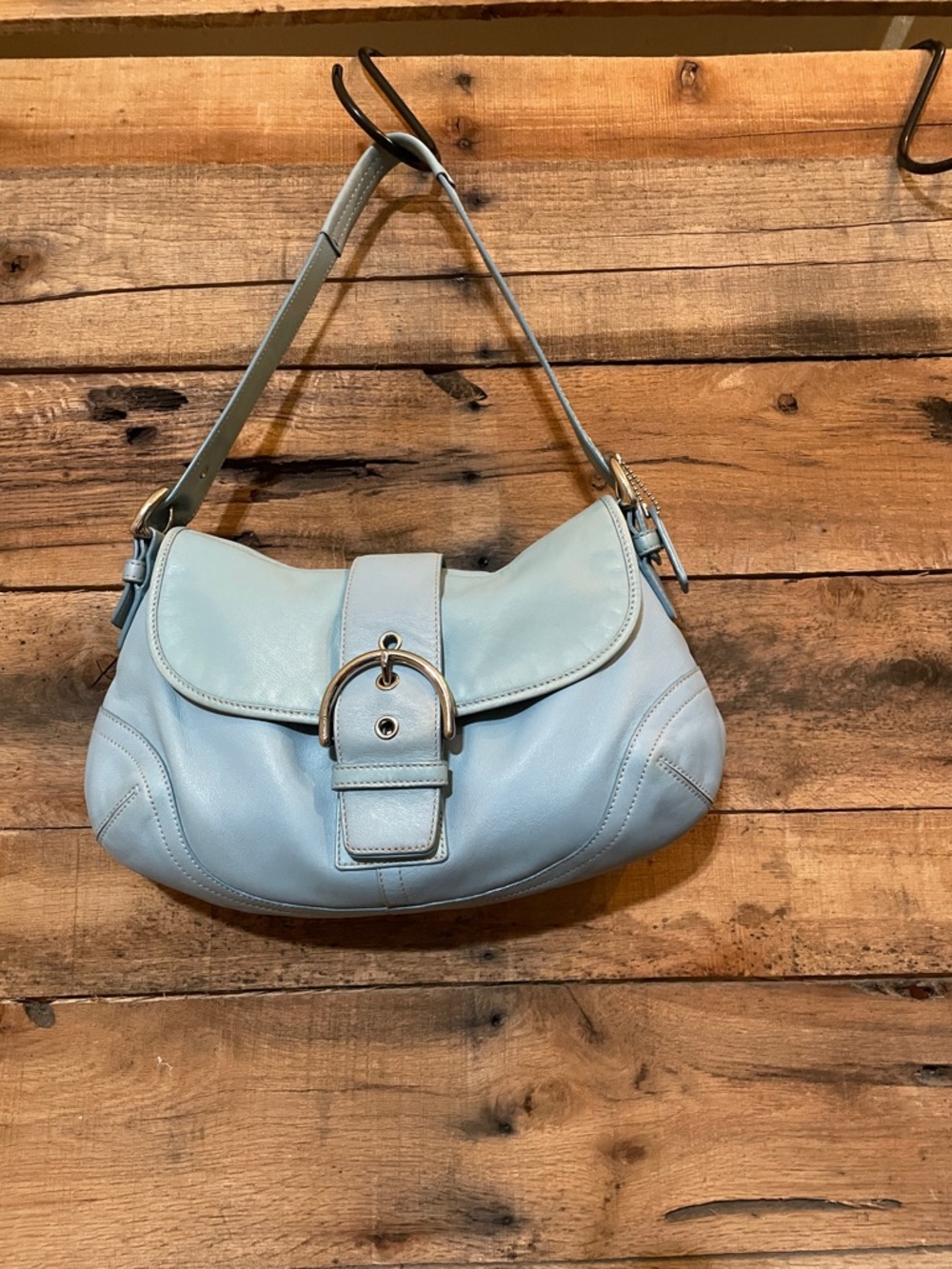 Coach Light Blue Leather Shoulder Bag with Buckle Y2K